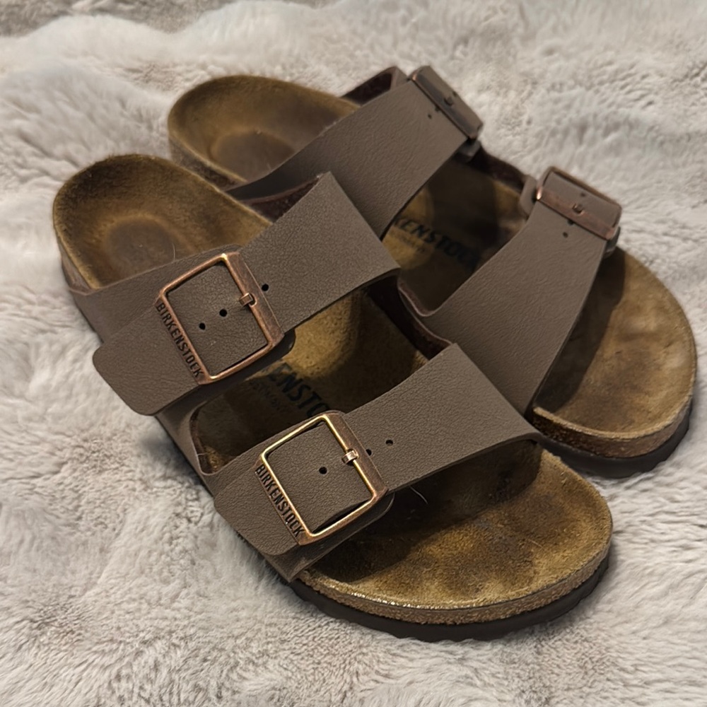 Birkenstock Tan Sandals with Rose Gold Buckles
